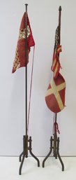 (3) Vintage Flags On Brass Flag Stands