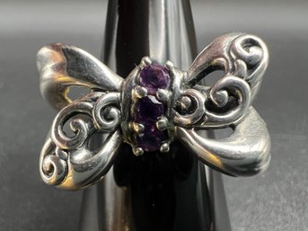 Sterling Silver .925 Carolyn Pollack Relios Amethyst Bow Ring Sz 8 Weighs .33 TOZ