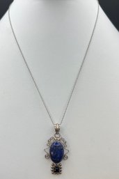 Sterling Silver .925 Lapis And Onyx Pendant 18 Necklace Weighs .24 TOZ