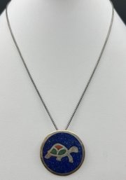 Sterling Silver .925 Lapis Coral Malachite Chip Inlay Turtle Brooch / Pendant 17.75 Necklace Weighs .33TOZ