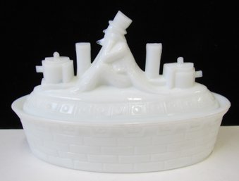 Spanish American War UNCLE SAM Battleship Covered Milk Glass Dish