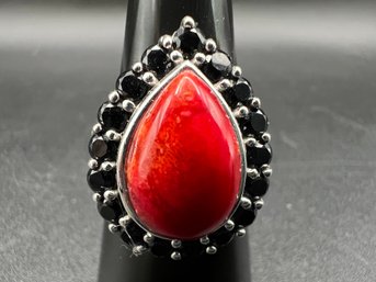 Sterling Silver .925 Red Coral & Black Spinal NF Ring Sz 8 Weighs .24 TOZ