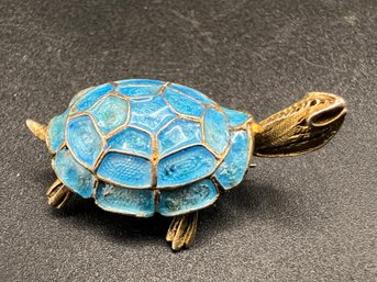 Antique 800 Silver Filigree & Blue Enamel Turtle Brooch Pin Weighs .12 TOZ