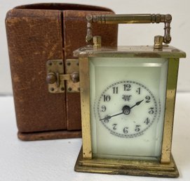 Early 1900s WATERBURY Miniature CARRIAGE CLOCK In Original Leather Case - 2.25' Tall