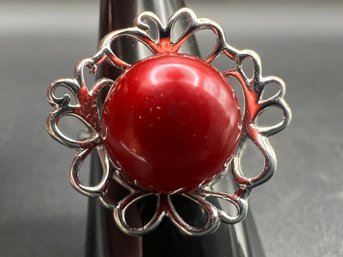 Sterling Silver .925 Honora Cultured Red 11.5mm Pearl Button Floral Ring Sz 8 Weighs .17 TOZ