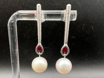 Sterling Silver .925 Michelle Albala 9.5mm Cultured Freshwater Pearl & Ruby Earrings