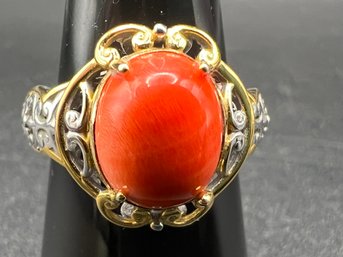 Sterling Silver .925 Designer Heng Ngai HN Coral Two Tone Ring Size 8