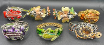 (7) Statement Costume Rhinestone Hinged Statement Bracelets, Frogs, Turtle, Lady Bugs