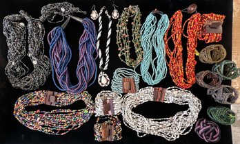 (20) Multistrand Beaded Jewelry Lot , Inlay Shell, Horn Clasp, Indonesia Wood Clasps Etc