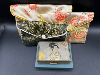 Vintage Swan Geisha Wind Up Music Box Mirror Make Up Powder Compact With Original Box