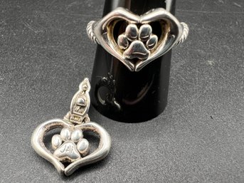 (2) Sterling Silver .925 JAI John Hardy Symbols Of Love Heart Paw Pendant & Ring Sz 10 Weighs .48TOZ