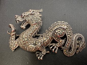 Sterling Silver .925 Vintage Creations Large 2.75 Marcasite & Ruby Eye Dragon Brooch