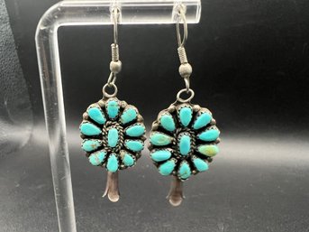 Vintage Sterling Silver .925 Zuni Cluster Petit Point Squash Blossom Turquoise Earrings .24 TOZ