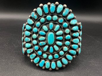 Vintage Sterling Silver Zuni Petit Point Turquoise Cluster Large Cuff Bracelet 2.60 TOZ