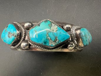 Vintage Sterling Silver Native American Navajo 3 Stone Turquoise Cuff Bracelet 1.58 TOZ