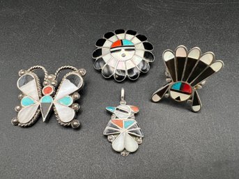 (4) Vintage Sterling Silver Zuni Inlay Turquoise Multistone Brooches, Pendant, Ring Sz 8 Lot Weighs .96 TOZ