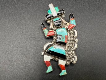 Incredible Vintage Sterling Silver Native American Zuni Inlay Kachina Brooch Pin Weighs .69 TOZ