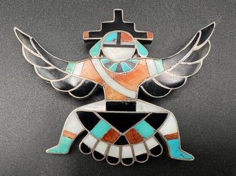 Vintage Sterling Silver Native American Signed BWZ Zuni Inlay Knifewing Brooch Pin Weighs .62 TOZ