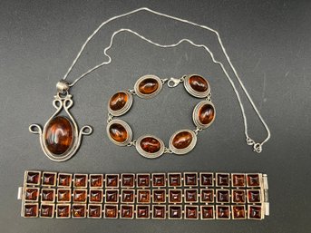 (3) Vintage Sterling Silver .925 And Amber Jewelry Pieces 20 Necklace & Bracelets 3.91TOZ