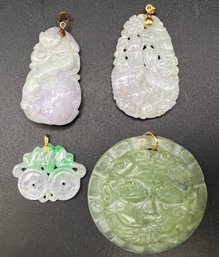 (4) 14K 585 Gold Handcarved Green Jade And Lavender Pendants, Cat, Flowers, SunFace, Weighs  87.8 Grams