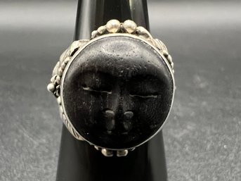 Sterling Silver .925 & Ebony Wood Carved Amun Ra Sun Ring Size 6.5