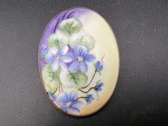 Antique Large Handpainted Porcelain Limoges Violets Floral Brooch Pin