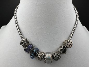 Pandora Silver Braided Leather 14.5 Choker Necklace With 8 Sterling Silver .925 ALE Pandora Charm Beads