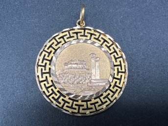 14KT Gold 585 Greek Parthenon / Windmill Of Mykonos Greek Key Design 1.5 Double Sided Pendant