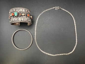 (3) Coin Silver Jewelry Lot Pieces, 2 Bracelets And 20 Chain Necklace .3.79 TOZ