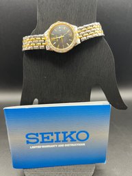 Ladies Seiko Watch #712670, Stainless Steel And Gold Tone With Faceted Stone Bezel