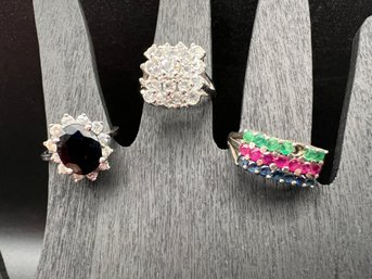 (3) Sterling Silver .925 Rings Including A Ruby, Emeralds, Sapphires Ring Sizes 7-8