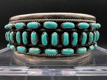 Vintage Sterling Silver .925 Taxco Turquoise Hinged Bangle Bracelet Weighs 1.86 TOZ