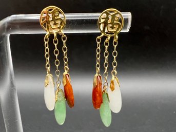 14KT Yellow Gold 585 Multi Color Jade Chinese Symbol Drop Earrings Weighs 2.3 Grams