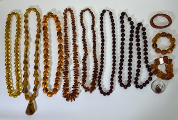 Vintage Lucite Faux Amber Beaded Jewelry Including Bug Insect Faux Amber Necklace & Bracelet Lot