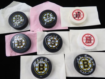 (8) Boston Bruins Hockey Players Signed Pucks With John Bucyk