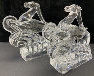 Pair Of Signed STEUBEN Glass Horse Bookends