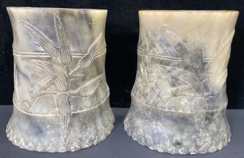 (2) Vintage Carved Soapstone Chinese Planters / Vases