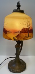 Antique Art Nouveau Reverse Glass Painted Table Lamp