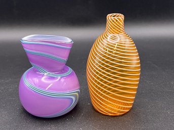 (2) Fritz Handblown Art Glass Orange Purple Cape Cod Bud Vases