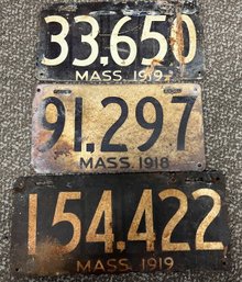 (3) Vintage 1918-1919 Massachusetts License Plates