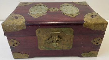 Vintage Wooden Jewelry Box With Brass & Jade Accents