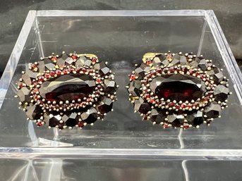Antique Silver 835 And Stunning Garnets Large 1 1/8' Cufflinks .74 TOZ