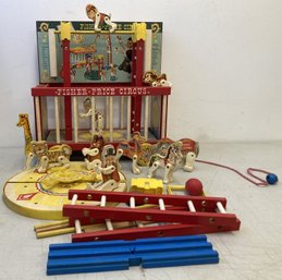 Vintage Fisher Price Wooden CIRCUS Pull Toy With Accessories