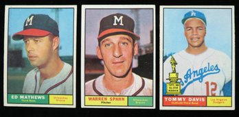 (3) 1961 Topps Baseball Star Cards Spahn, Mathews, Davis