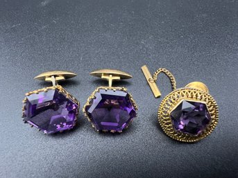 (3) 14KT Gold And Large Hexagon Amethyst Stones Cufflinks & Pin 17.3 Grams
