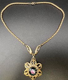 Antique Gold Plated Hand Painted Flower & Rhinestone Necklace
