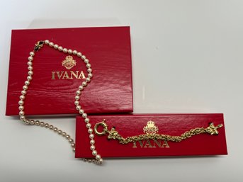 (2) Ivana Trump Pearl Necklace Black Cabachon And Toggle Bracelet