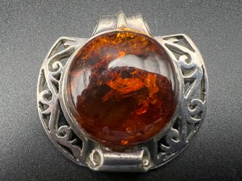 Sterling Silver .925 And Amber Large Pendant Weighs .87 TOZ