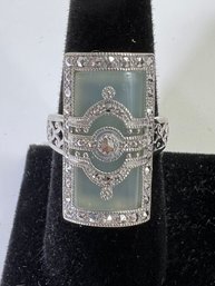 Sterling Silver .925 Marcasite And Aqua Quartz DP Ring Sz 9