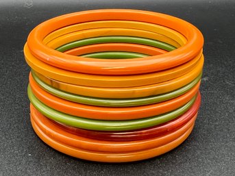 (9) Vintage Bakelite Thin Bangle Bracelets Orange, Yellow, Red, Green 63.9 Grams